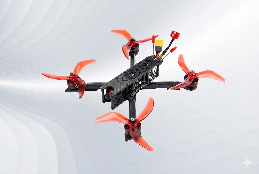 FPV racing drone assembled from carbon fibre frame, brushless motors and digital video system