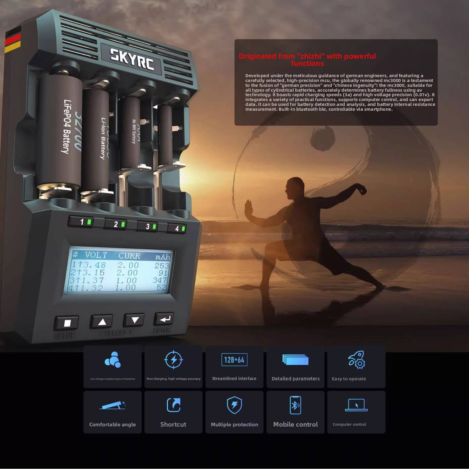 SKYRC MC3000 Smart Charger Analyzer 4 Independent Slots App Control for NiMH NiCd Li-ion LiFePO4 18650 AA AAA Battery