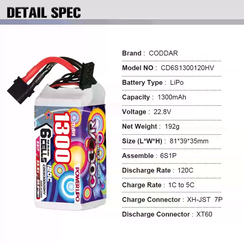 CODDAR 1300mAh 1500mAh 1800mAh 4S 6S 22.2V LiPo Battery for 5‑inch FPV Drone