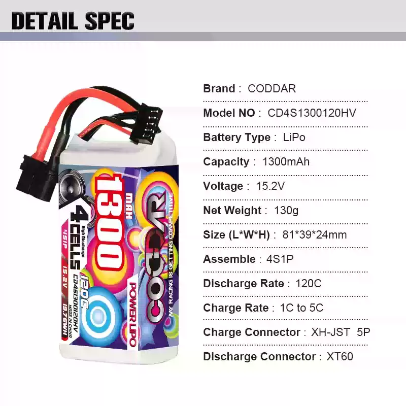 CODDAR 1300mAh 1500mAh 1800mAh 4S 6S 22.2V LiPo Battery for 5‑inch FPV Drone