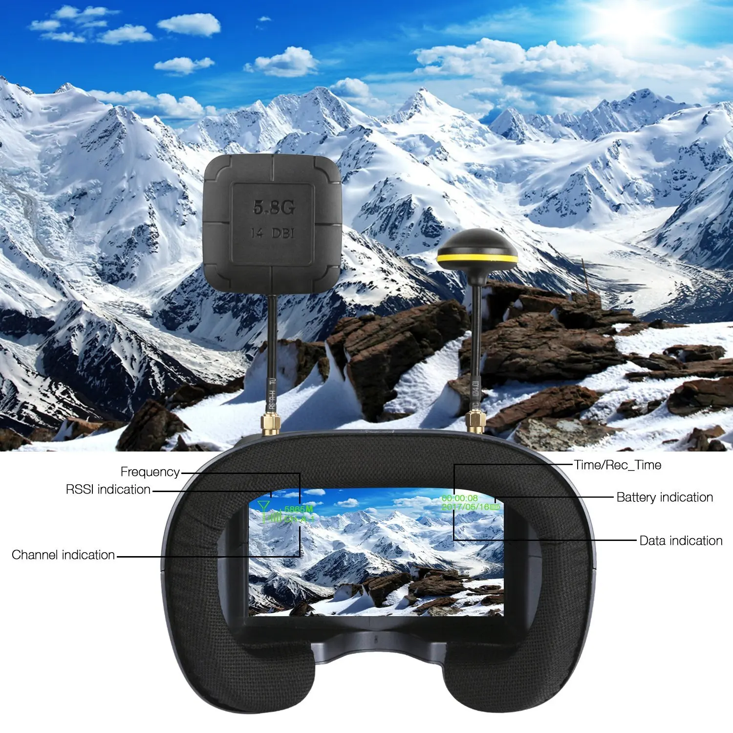 008D 5.8G 40CH Diversity FPV Goggles w/ DVR (4.3" Screen)