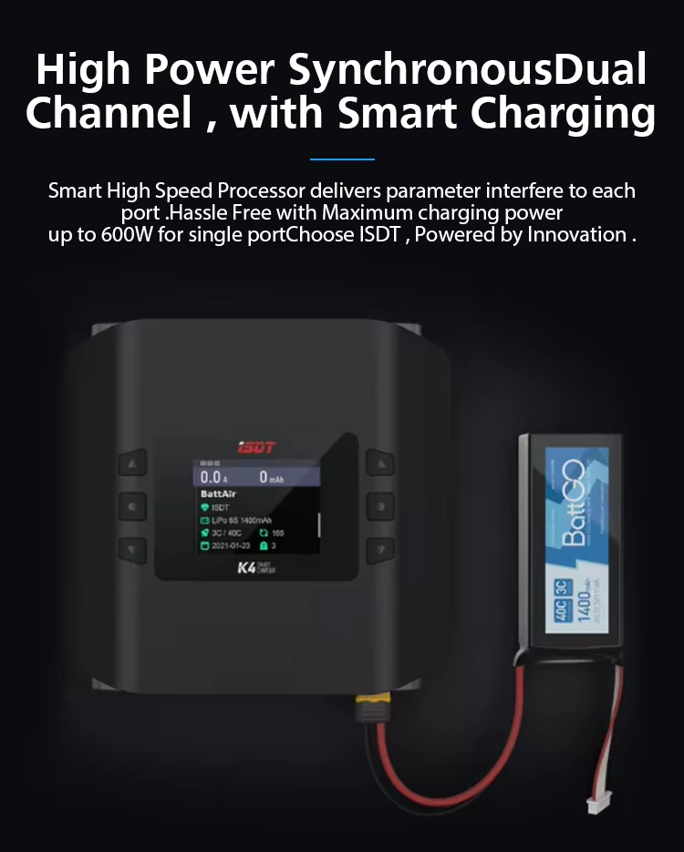 ISDT K4 AC 400W / DC 600W X2 45A Smart Dual Channel Charger for 1~8S LiFe LiIon LiPo 1400mah Battery