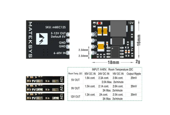 MATEK MICRO BEC 6-60V TO 5V/9V/12V-ADJ MBEC12S Step-Down Regulator Module