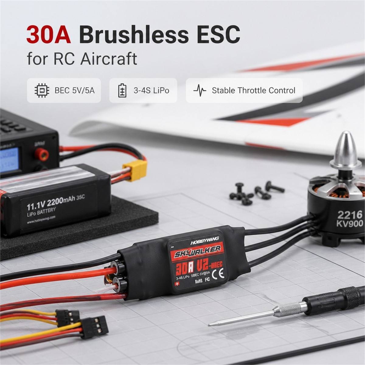 Hobbywing Skywalker 30A V2 Brushless Speed Controller ESC With UBEC 2 to 4S Lipo for RC Aircraft FPV Drone